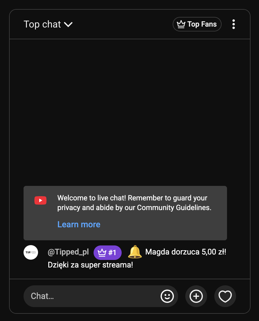 Wiadomość na czacie YouTube